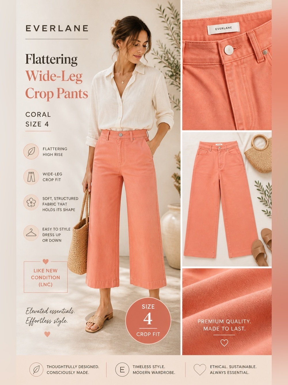 Everlane Wide-Leg Crop Pants Coral High-Rise Size 4